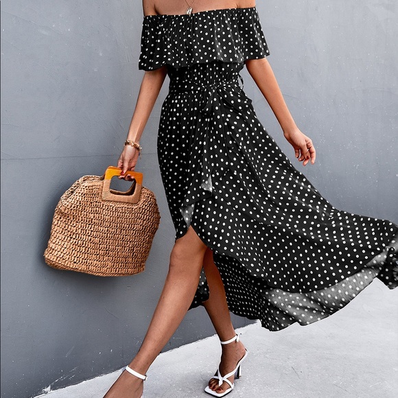 Closet Clear-Out - Polka Dot Layered Off-Shoulder Belted Dress - Picture 6 of 7